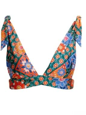 Agua Bendita Floral Tie-Shoulder Bikini Top in Green, Orange & Blue